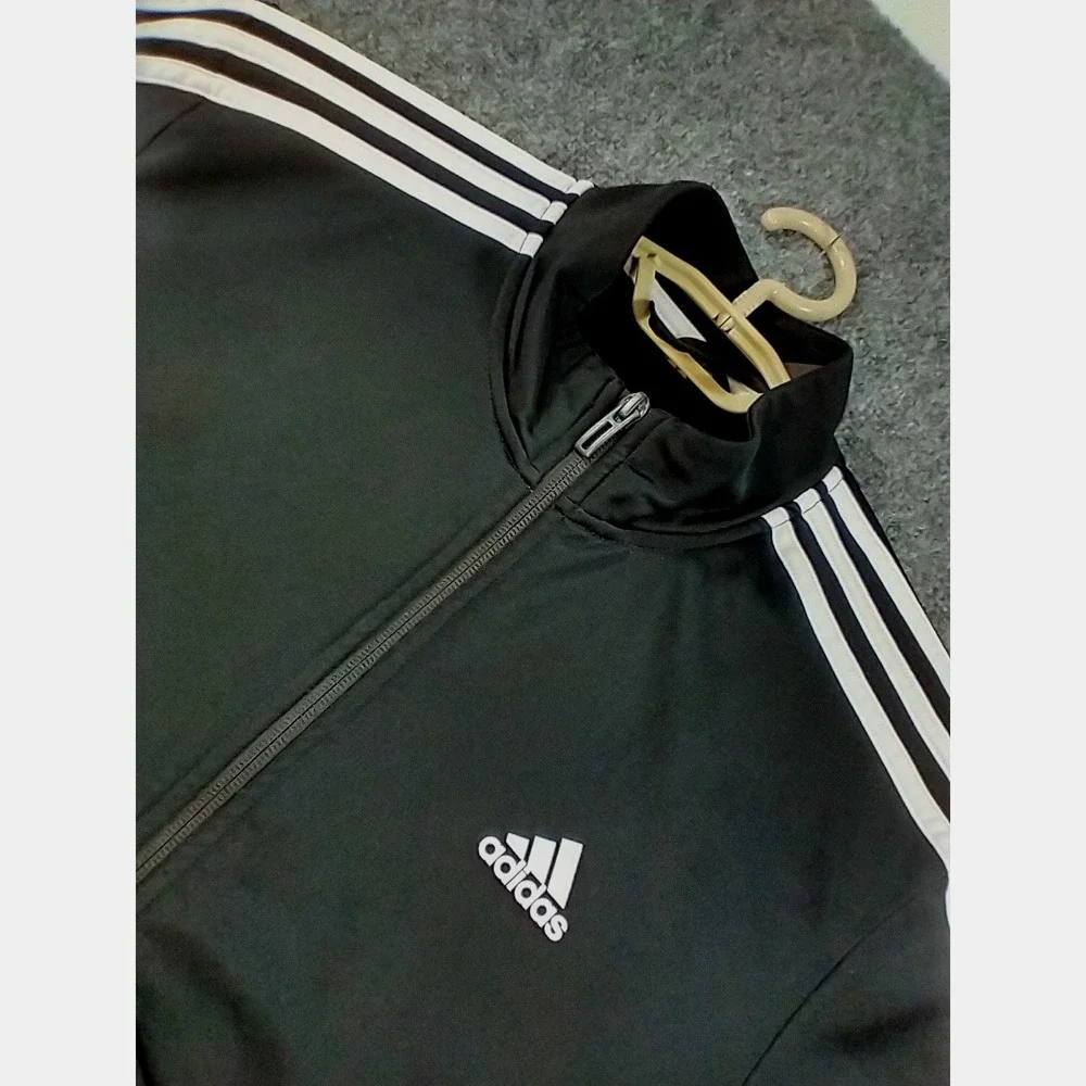 Adidas Mens Track Jacket‎ Black White 3 Stripe Full Zip Sportswear Size Medium